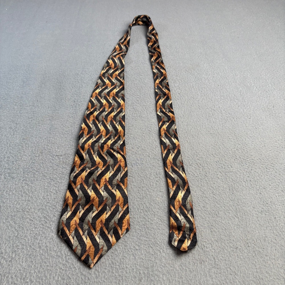 Bachrach Mens Silk Tie Gold Bronze Black Geometric Zigzag Jacquard Made in USA